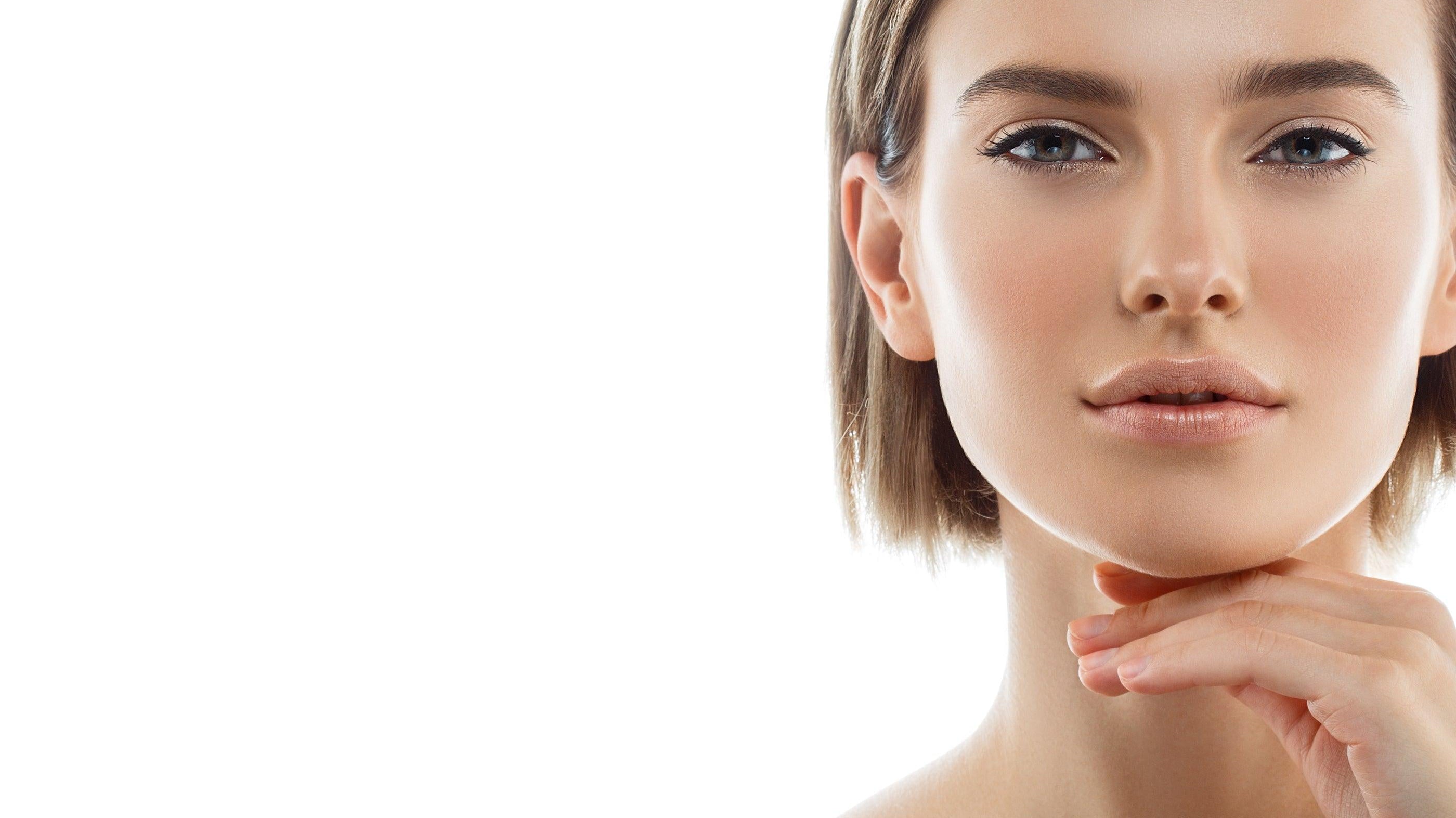 Close-up of woman with flawless skin and natural makeup, beauty skincare concept