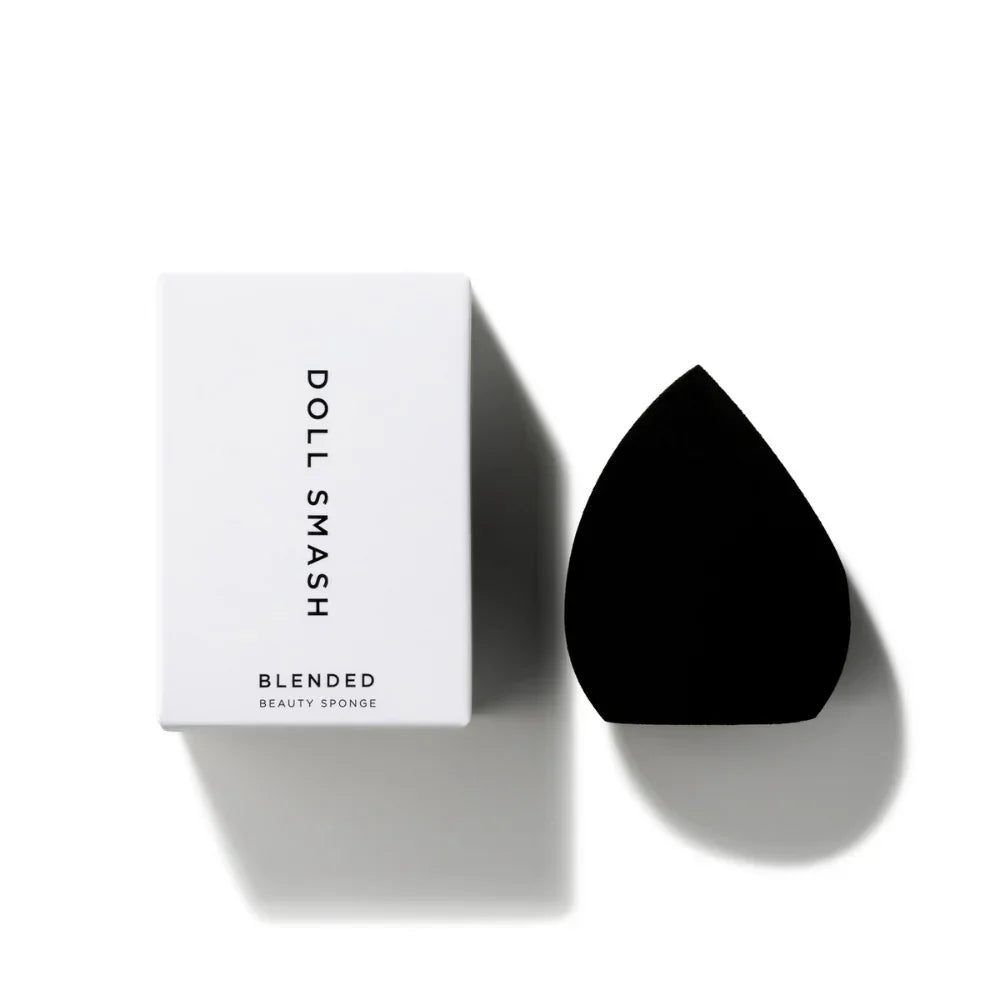 Doll Smash Blended Beauty Sponge, black teardrop makeup applicator with minimalist white packaging