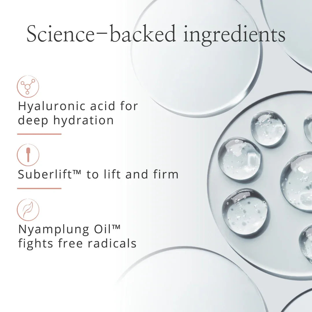 Science-backed skincare ingredients: hyaluronic acid, Suberlift™, Nyamplung Oil™ for hydration, firming, antioxidant protection