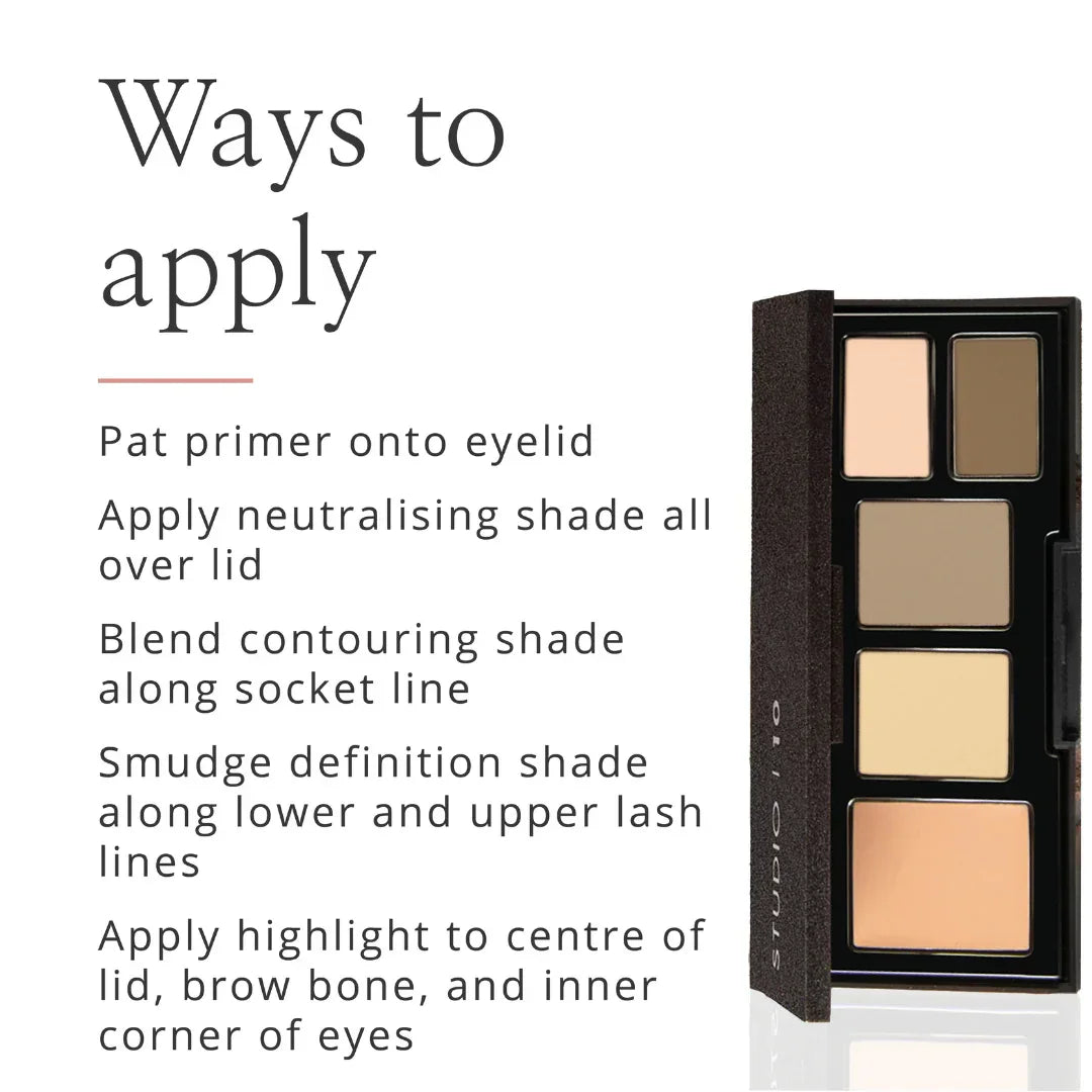 Studio 10 eyeshadow palette with application guide for neutral, contouring, and highlight shades