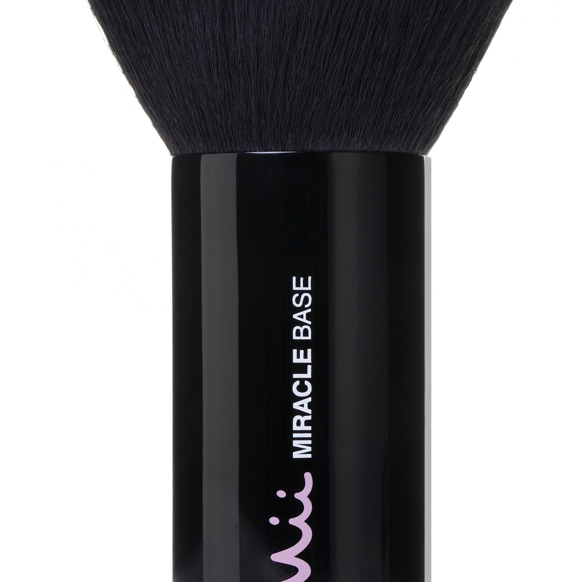 Black makeup brush with 'Mii Miracle Base' branding on a white background