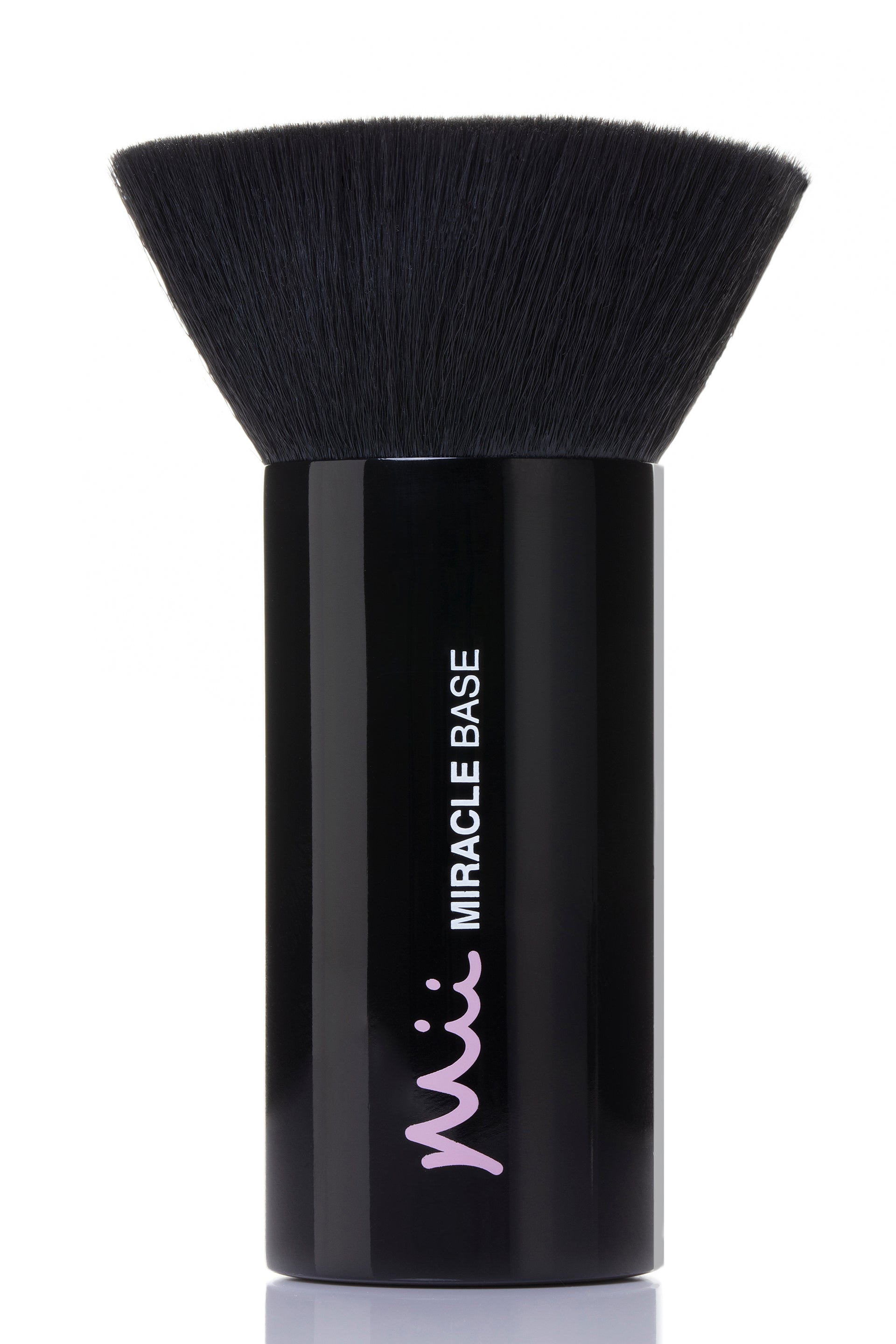 Black makeup brush with 'Mii Miracle Base' branding on a white background