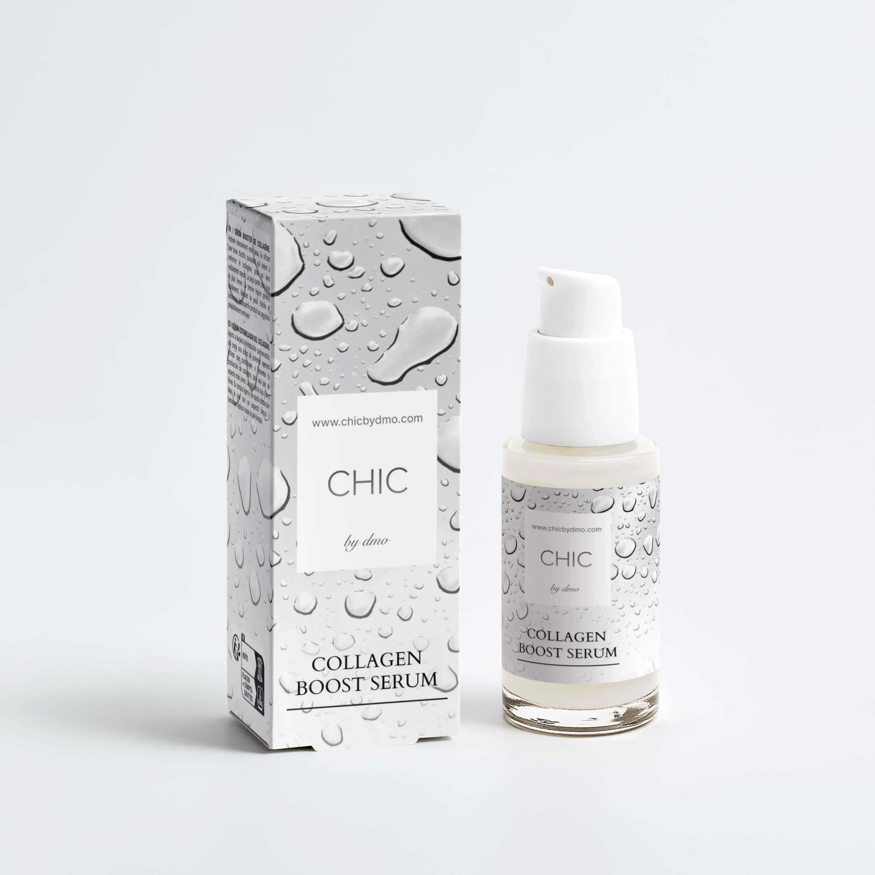 CHIC by dmo Collagen Boost Serum with packaging on a white background