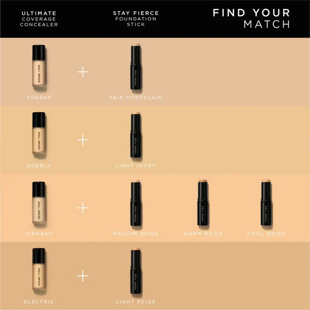 Doll Smash concealer and foundation stick shade matching guide for flawless coverage