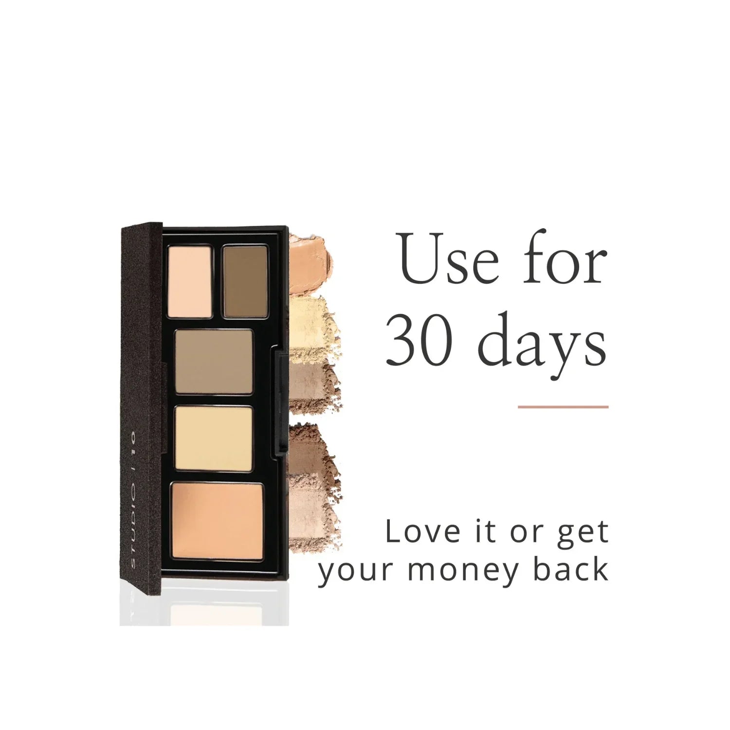 Makeup palette with color swatches on a white background, featuring text about a 30-day trial offer.