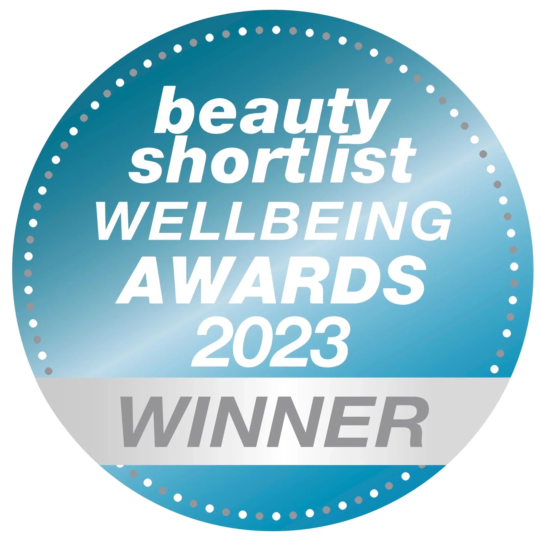 Beauty Shortlist Wellbeing Awards 2023 Winner badge, showcasing award-winning British beauty products