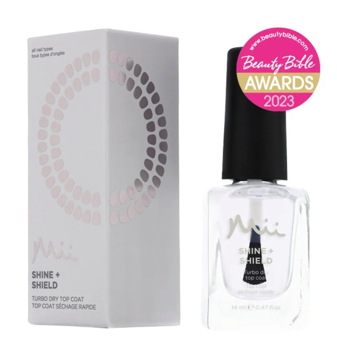 Mii 'Shine + Shield' label and packaging on a white background, featuring Beauty Bible Awards 2023 badge.