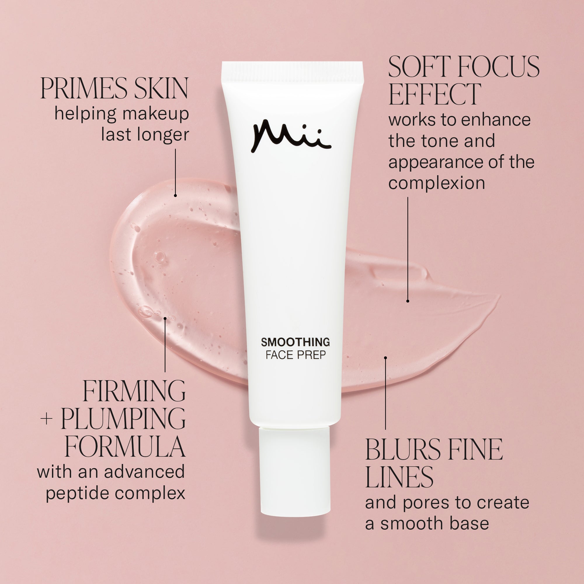 Mii smoothing face prep tube with pink background and text highlighting features