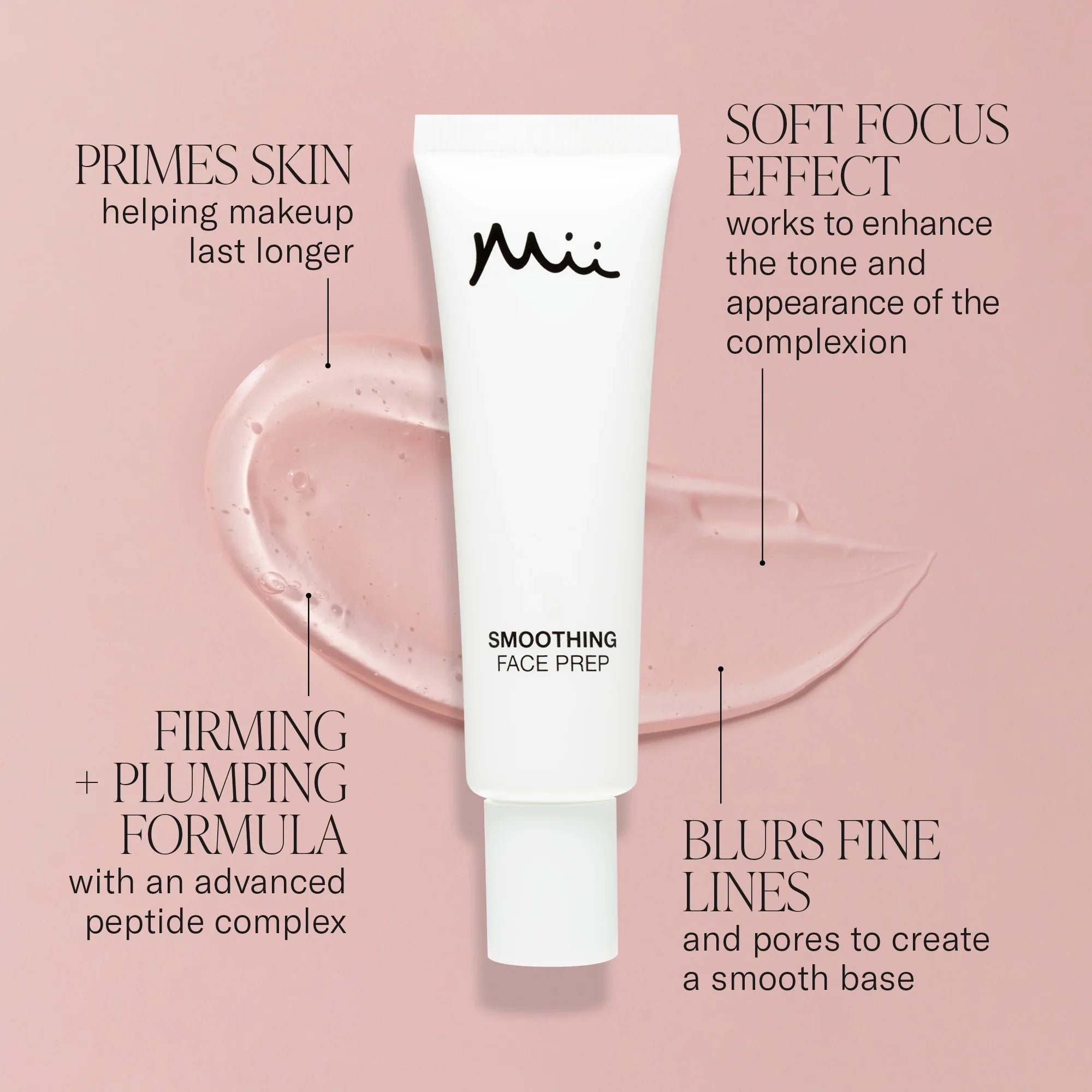 Mii smoothing face prep tube with pink background and text highlighting features