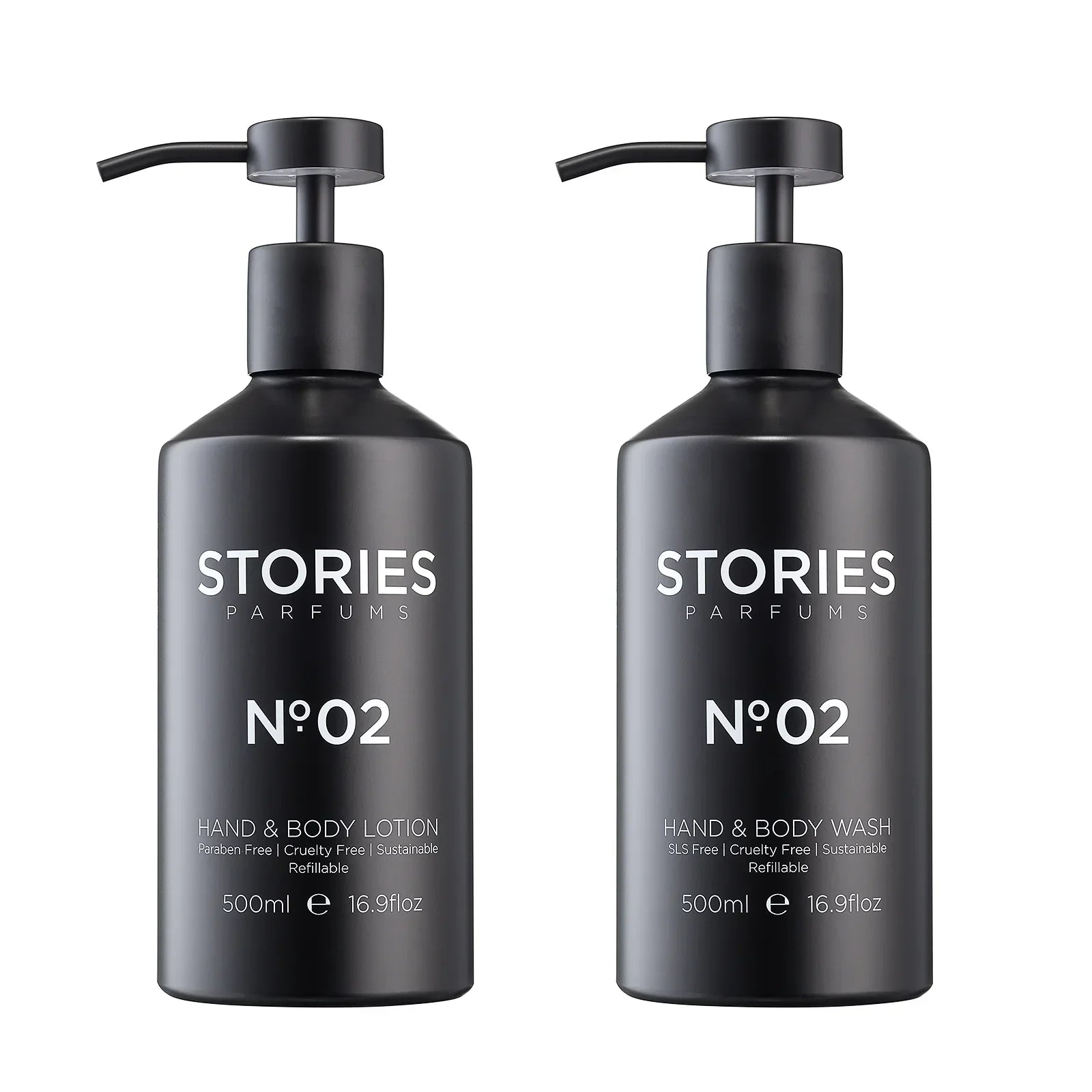 Two black pump bottles of STORIES PARFUMS No. 2 hand and body lotion and wash, 500ml each.