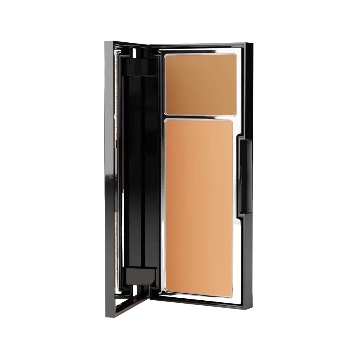 Makeup compact with two beige shades on a white surface and purple background