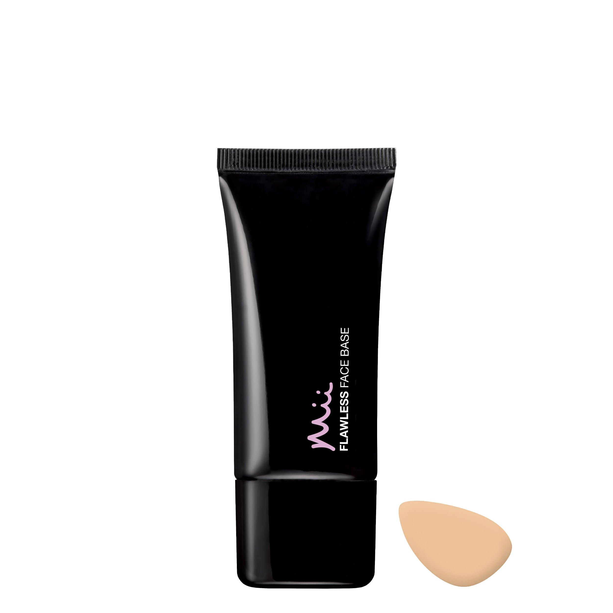Mii Flawless Face Base foundation tube with makeup sponge on white background