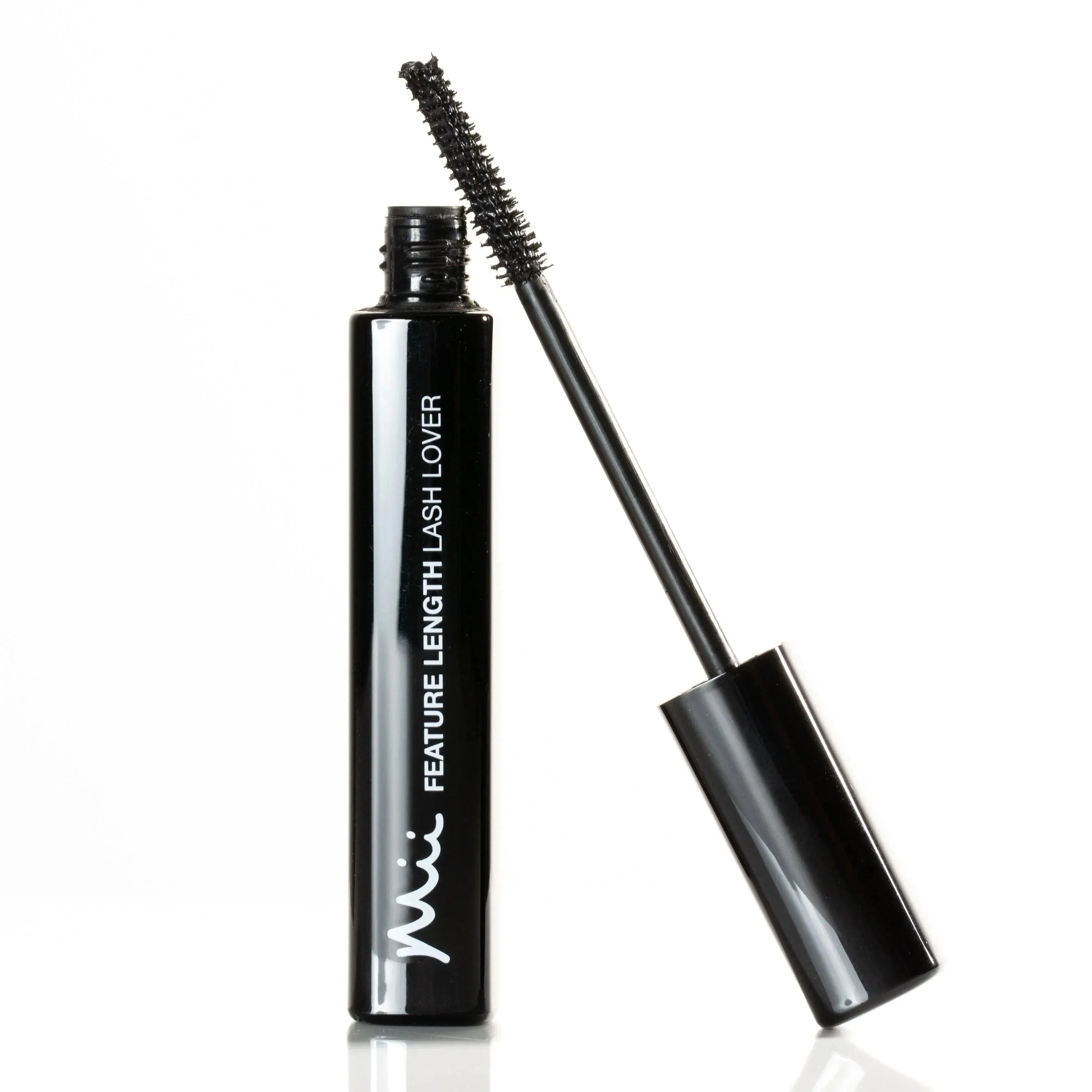 Black mascara tube with open wand, labeled Feature Length Lash Lover, on white background