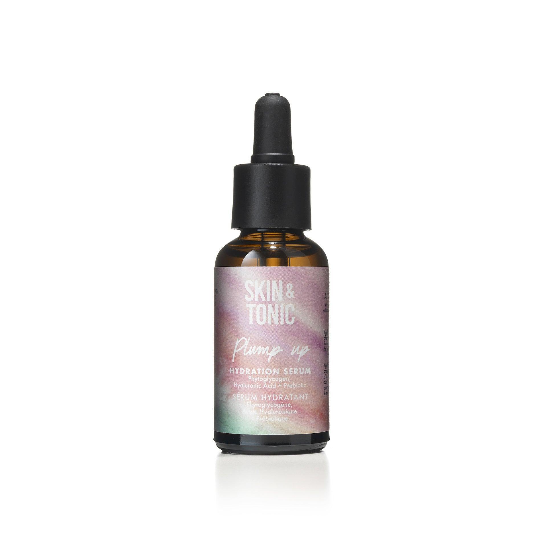Skin & Tonic Plump Up hydration serum in amber glass dropper bottle on white background
