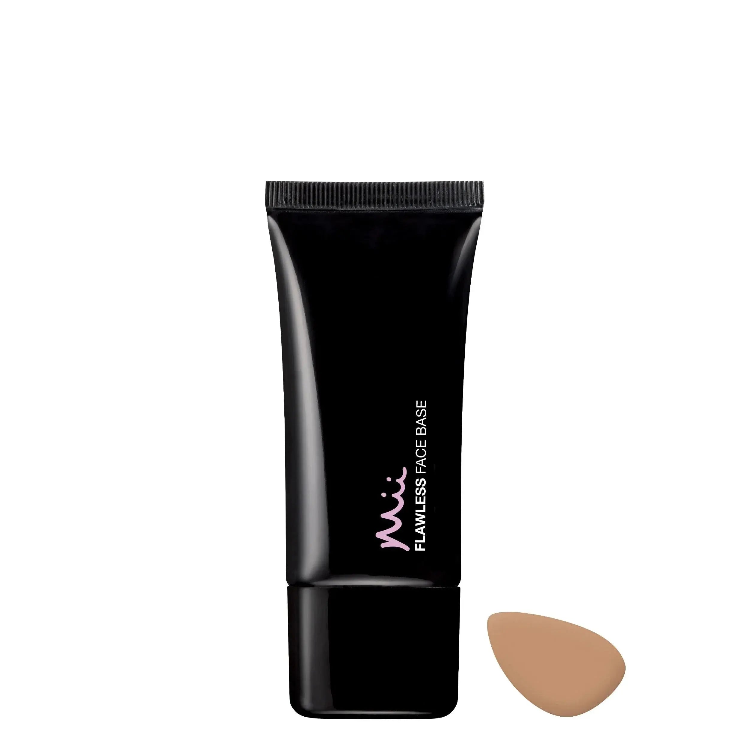 Mii Flawless Face Base foundation tube with foundation swatch on white background