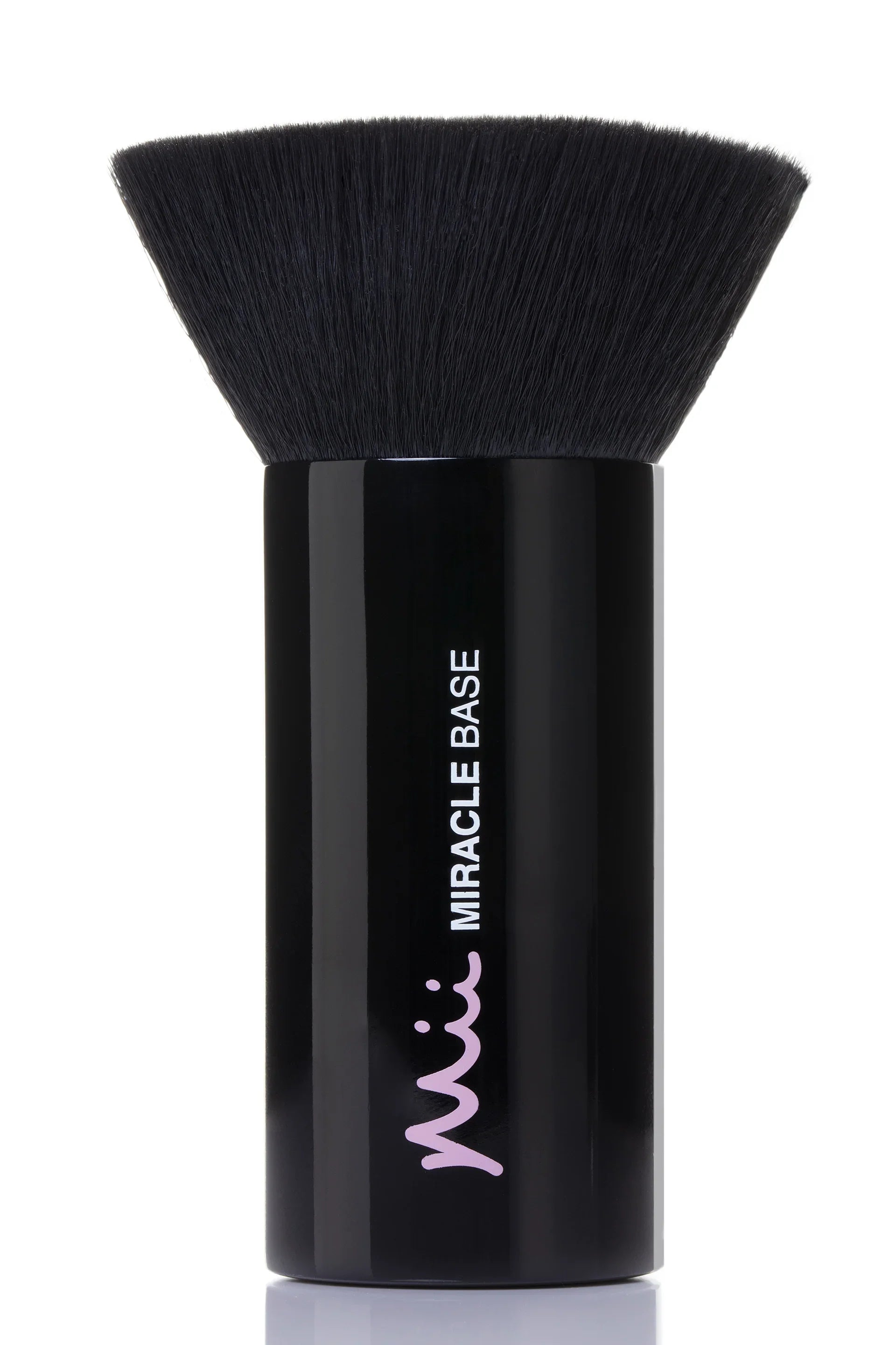 Black makeup brush with 'Mii Miracle Base' branding on a white background