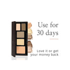 Makeup palette with color swatches on a white background, featuring text about a 30-day trial offer.