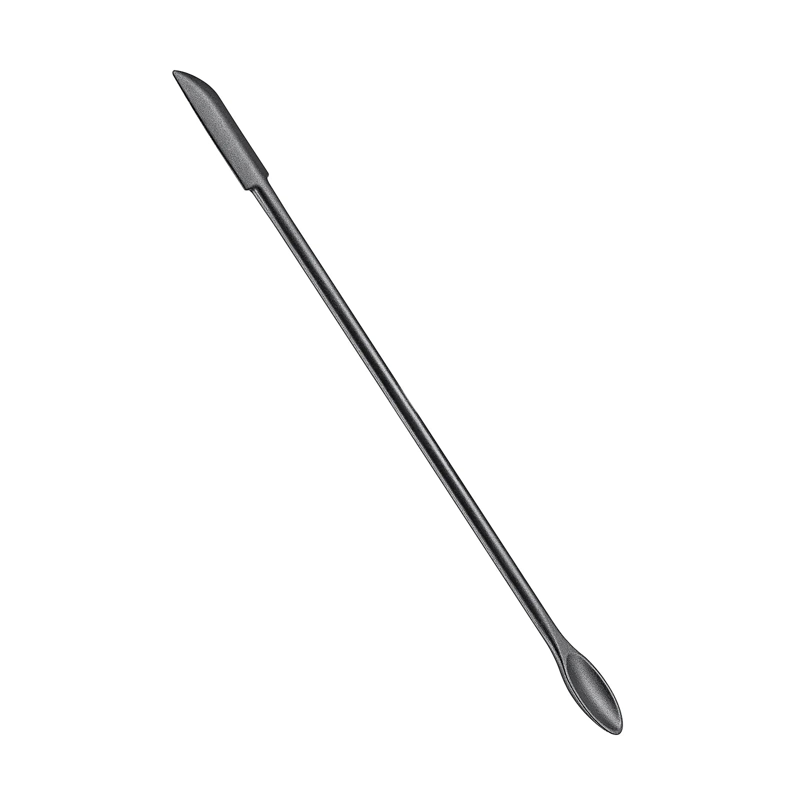 Angled black beauty spatula with dual ends on white background